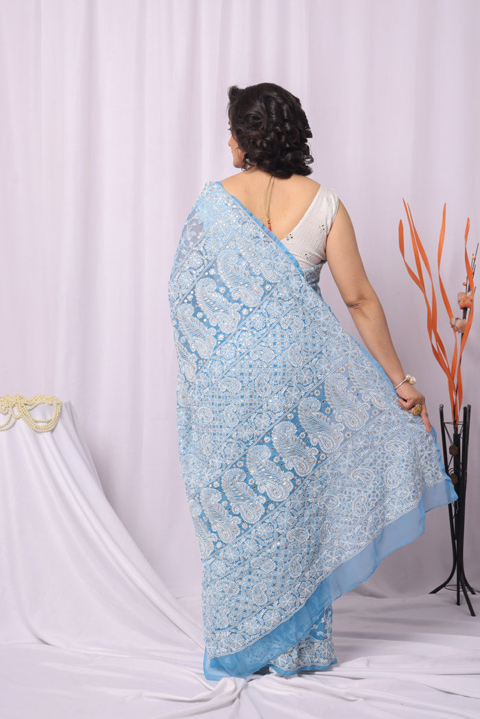 Aqua Blue Colour Georgette Chikankari Saree With Blouse