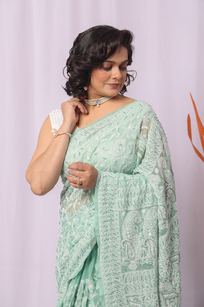 Pista Green Colour Georgette Chikankari Saree With Blouse