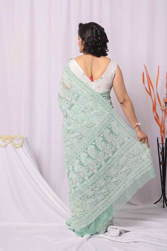 Pista Green Colour Georgette Chikankari Saree With Blouse