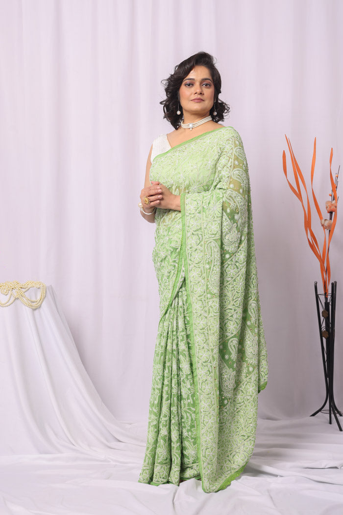 Green Georgette Allover Lucknowi Chikankari Saree With Blouse