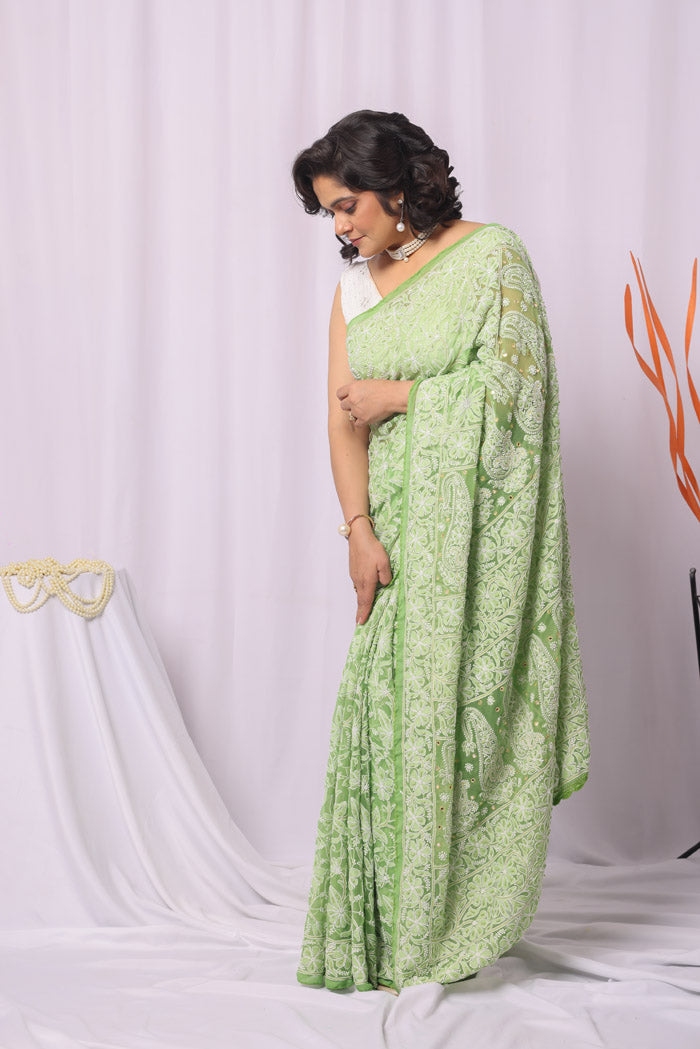 Green Georgette Allover Lucknowi Chikankari Saree With Blouse