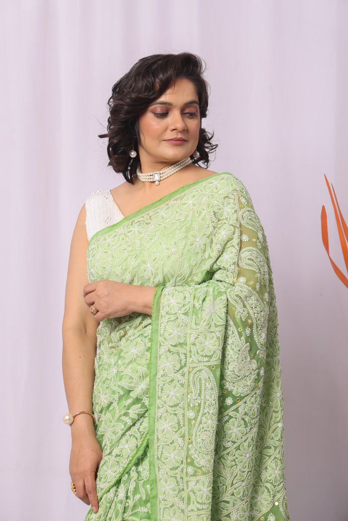 Green Georgette Allover Lucknowi Chikankari Saree With Blouse