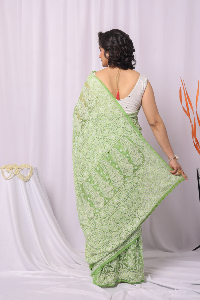 Green Georgette Allover Lucknowi Chikankari Saree With Blouse