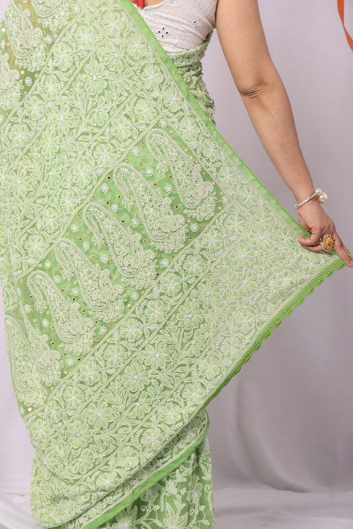 Green Georgette Allover Lucknowi Chikankari Saree With Blouse