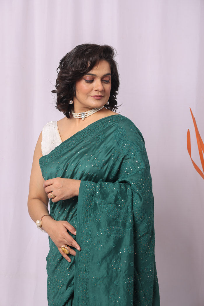 Teal Green Chanderi Silk Lucknowi Chikankari Saree With Blouse