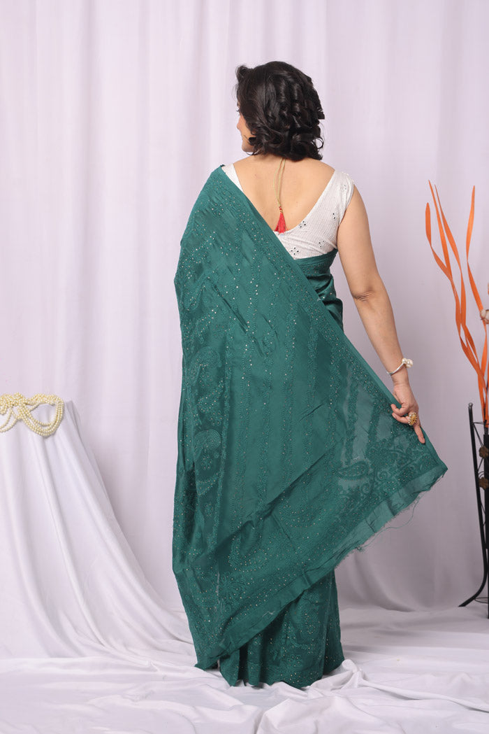 Teal Green Chanderi Silk Lucknowi Chikankari Saree With Blouse