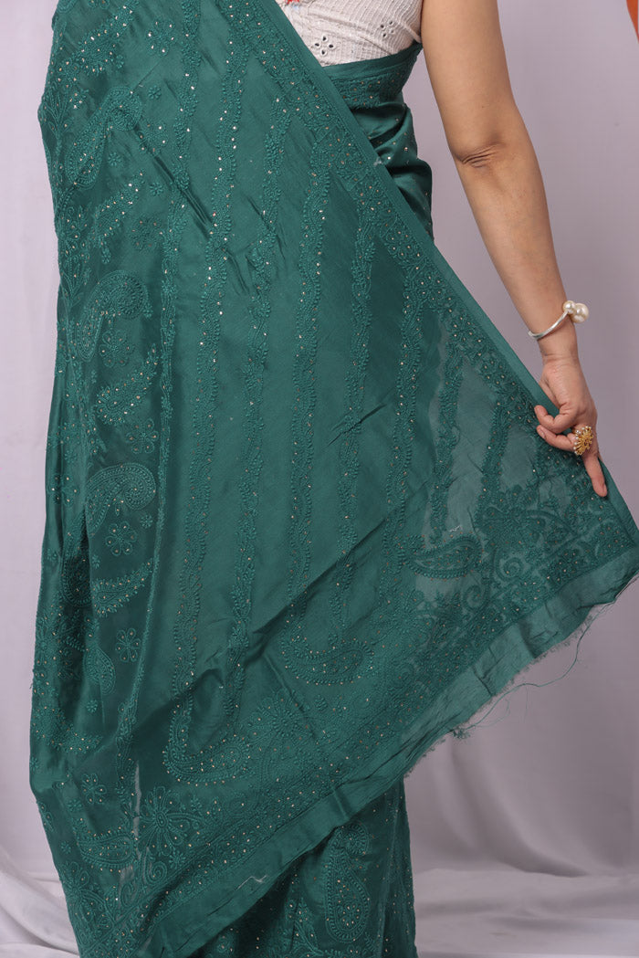 Teal Green Chanderi Silk Lucknowi Chikankari Saree With Blouse