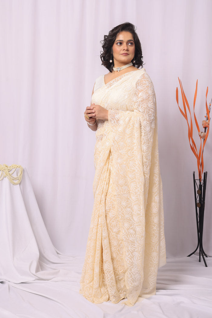 Fawn Colour Georgette Tepchi Chikankari Saree With Blouse