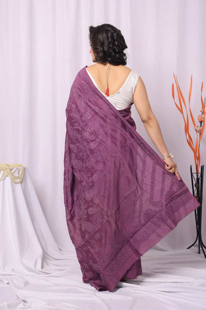 Wine Colour Chanderi Silk Lucknowi Chikankari Saree With Blouse