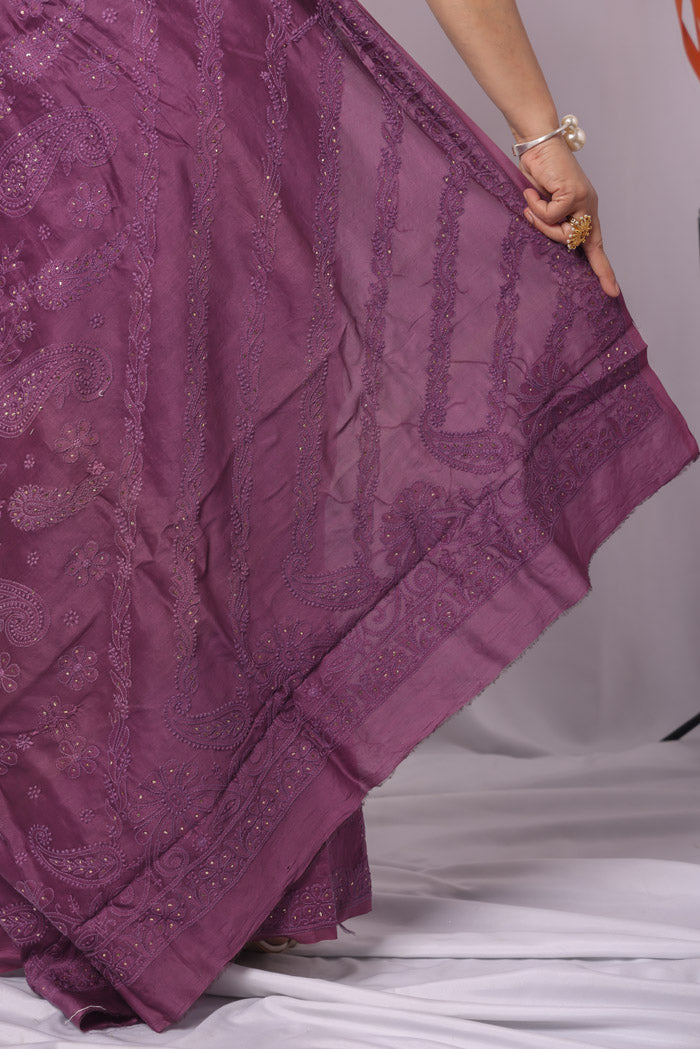 Wine Colour Chanderi Silk Lucknowi Chikankari Saree With Blouse