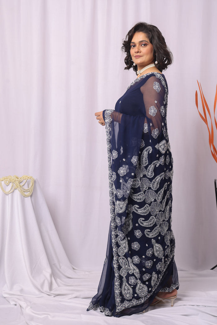 Navy Blue Colour Georgette Chikankari Saree With Blouse