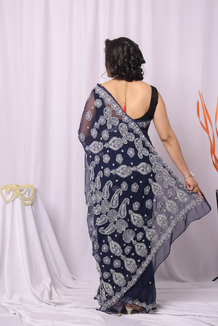 Navy Blue Colour Georgette Chikankari Saree With Blouse