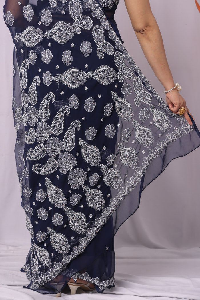 Navy Blue Colour Georgette Chikankari Saree With Blouse