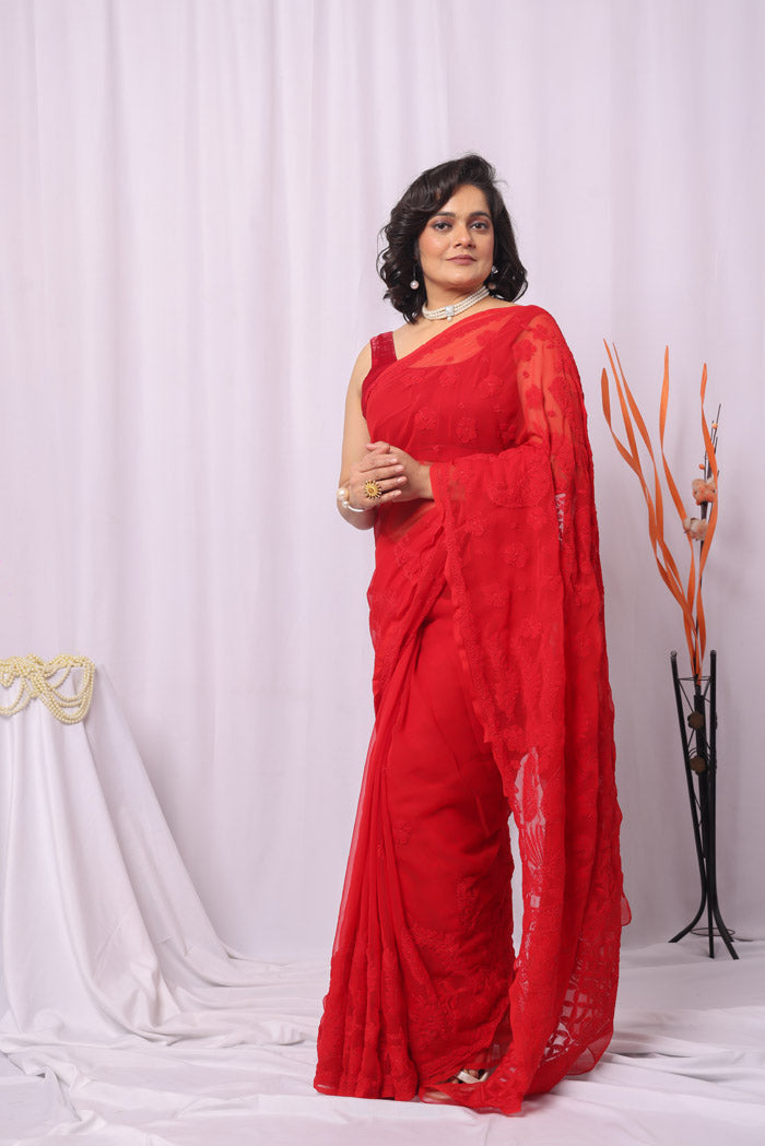 Red Georgette Lucknowi Chikankari Saree With Blouse