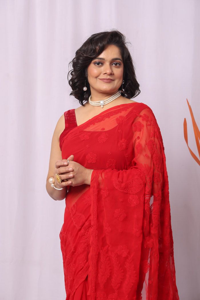 Red Georgette Lucknowi Chikankari Saree With Blouse