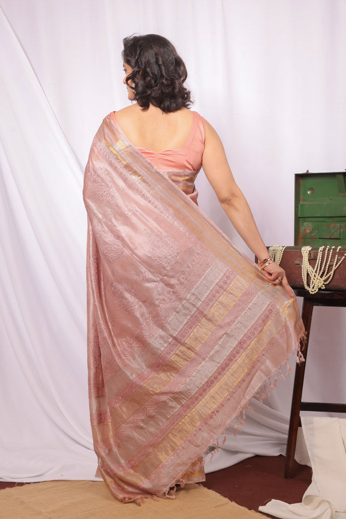 Bronze Colour Tussar Silk Zari Border Chikankari Saree With Blouse