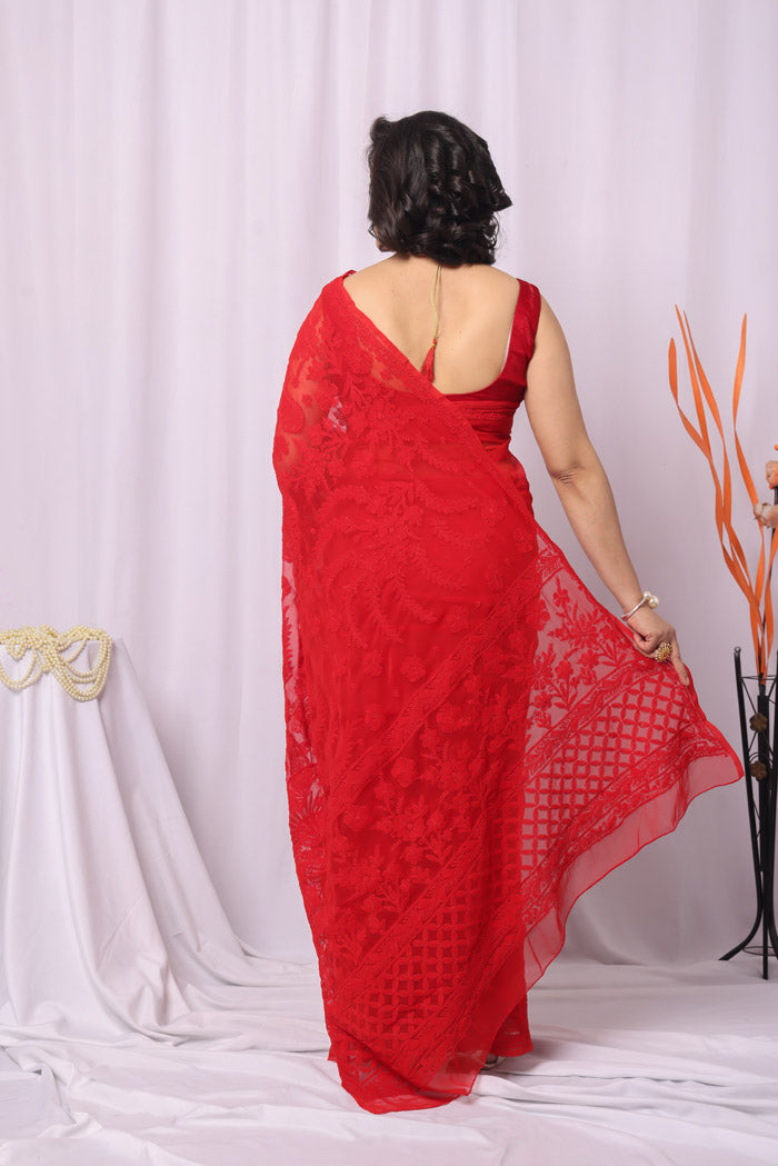 Red Georgette Lucknowi Chikankari Saree With Blouse