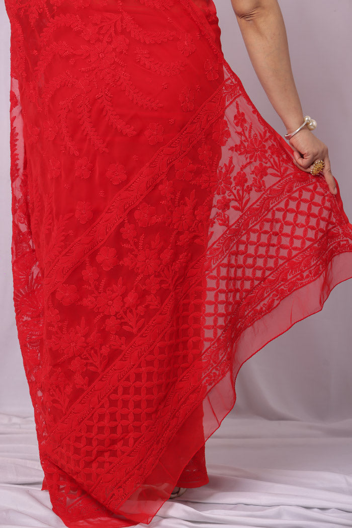 Red Georgette Lucknowi Chikankari Saree With Blouse