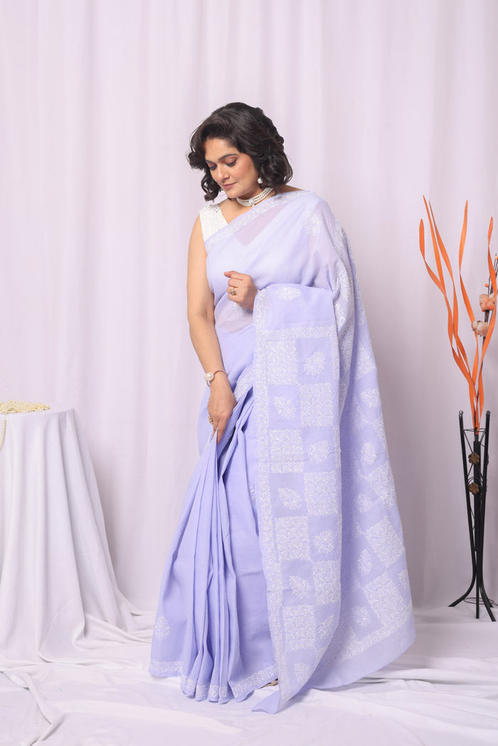 Lavender Colour Cotton Chikankari Saree With Blouse