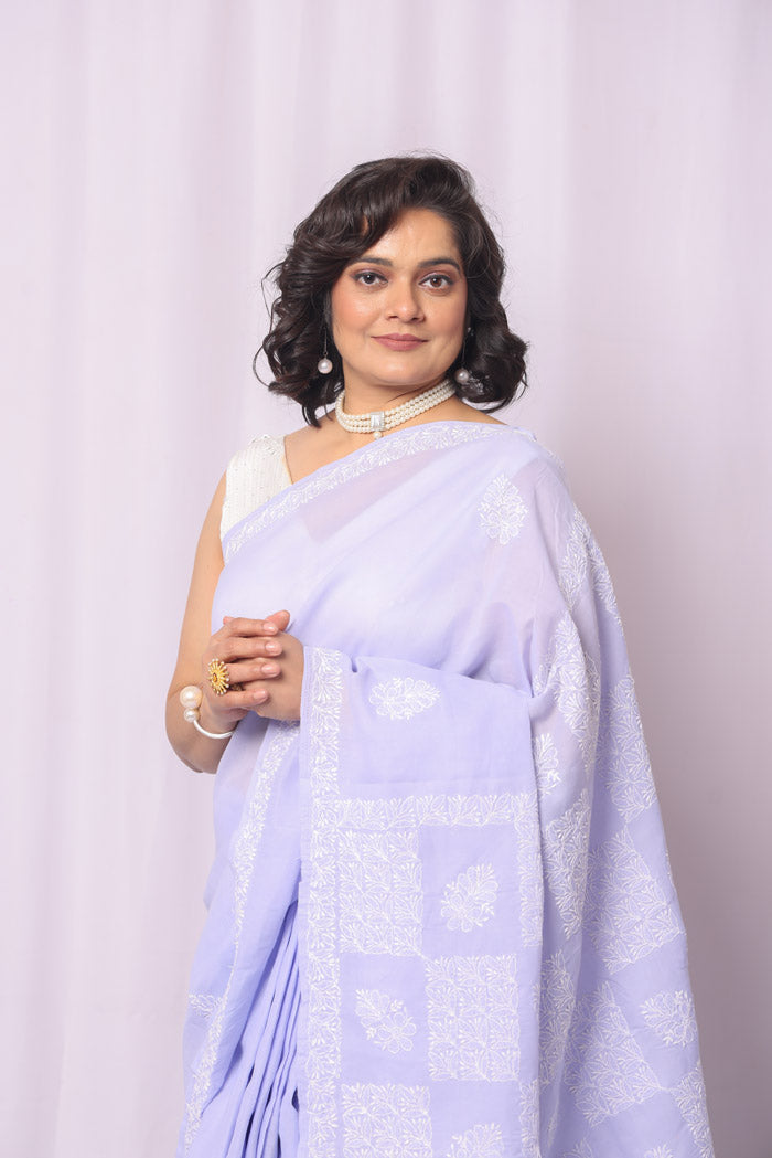 Lavender Colour Cotton Chikankari Saree With Blouse