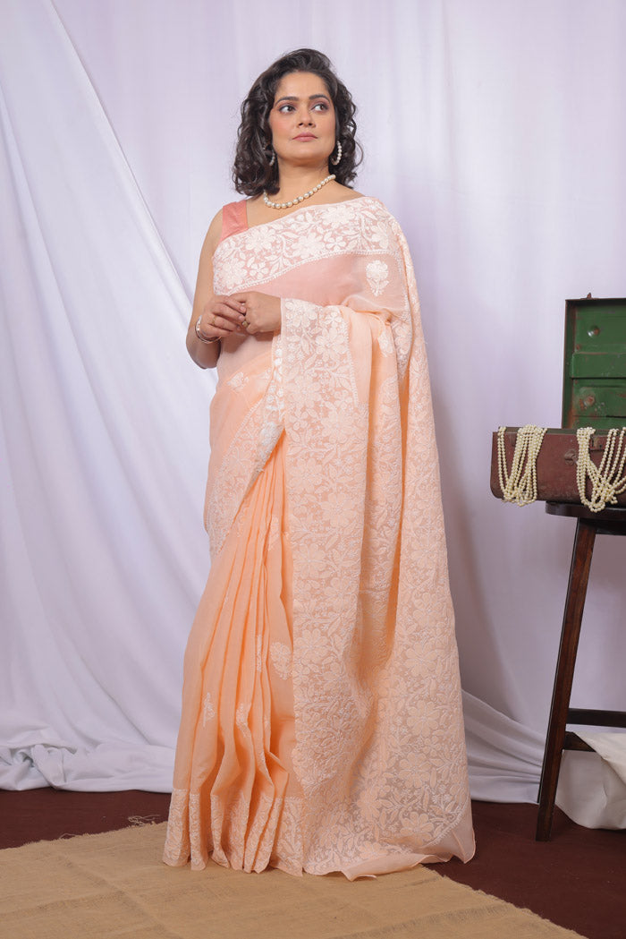 Fabnuma Handcrafted Peach Cotton Chikankari Saree-Blouse