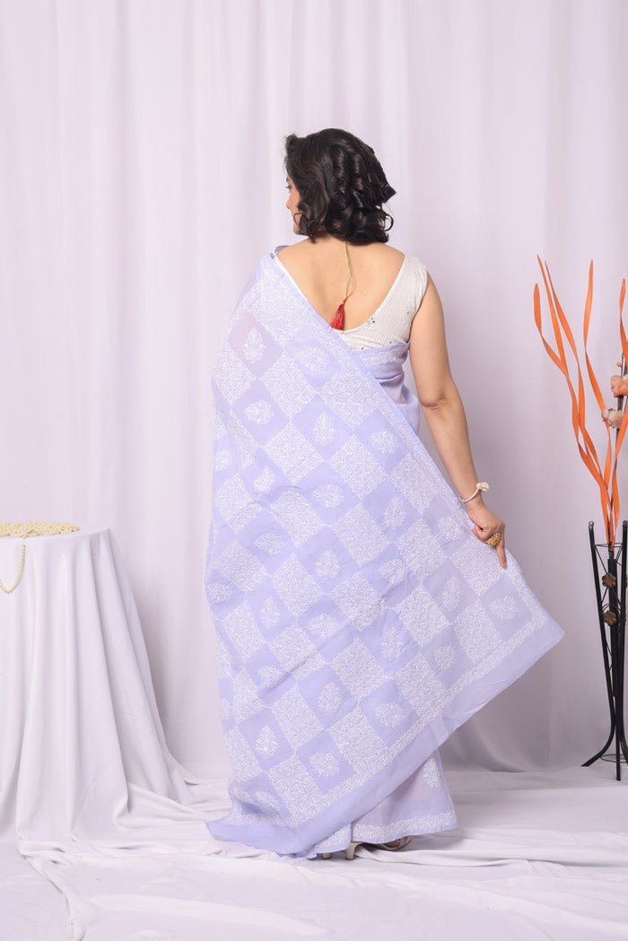 Lavender Colour Cotton Chikankari Saree With Blouse