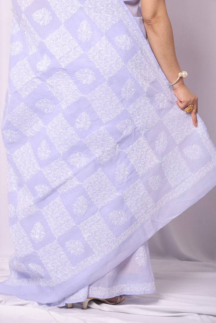 Lavender Colour Cotton Chikankari Saree With Blouse