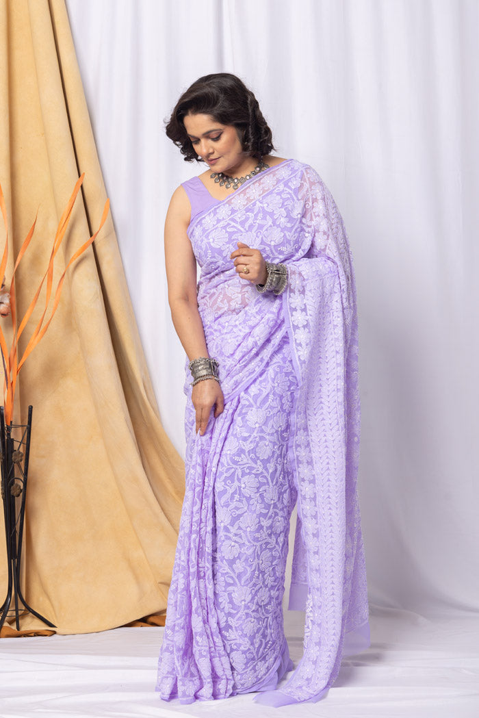 Lavender Colour Georgette Chikankari Saree With Blouse