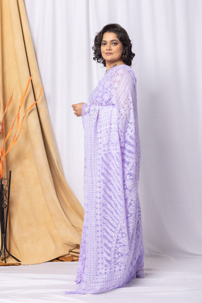 Lavender Colour Georgette Chikankari Saree With Blouse