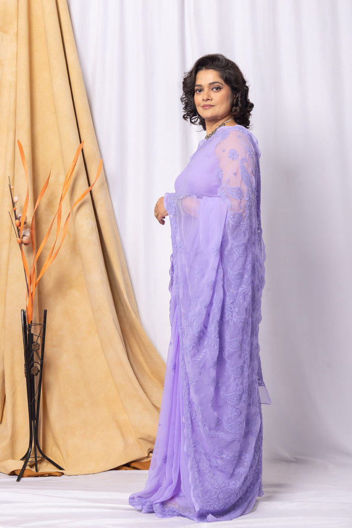 Lavender Georgette Chikankari Saree With Blouse