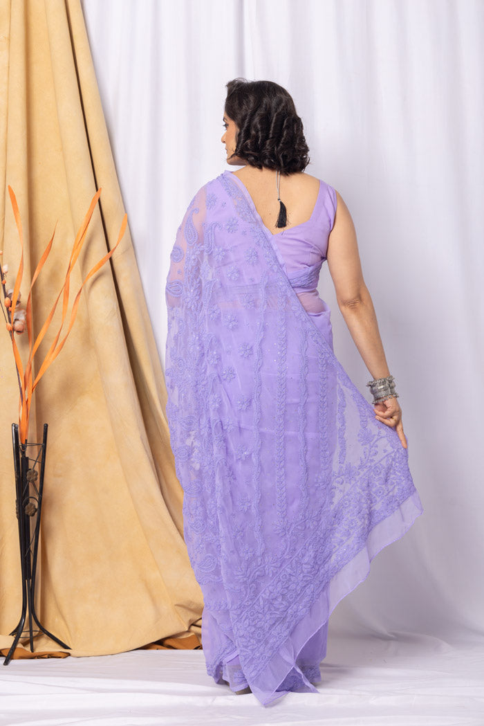 Lavender Georgette Chikankari Saree With Blouse