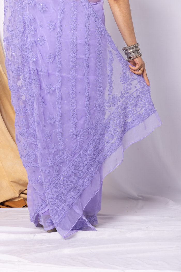 Lavender Georgette Chikankari Saree With Blouse