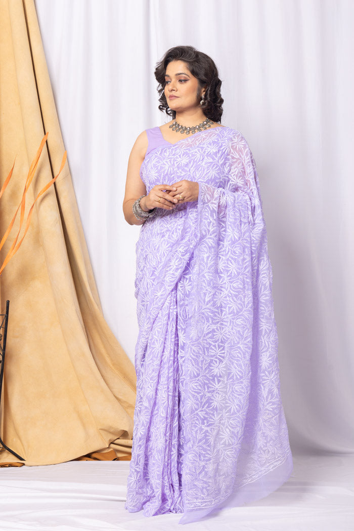 Lavender Colour Georgette Tepchi Chikankari Saree With Blouse