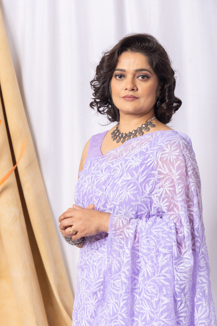 Lavender Colour Georgette Tepchi Chikankari Saree With Blouse