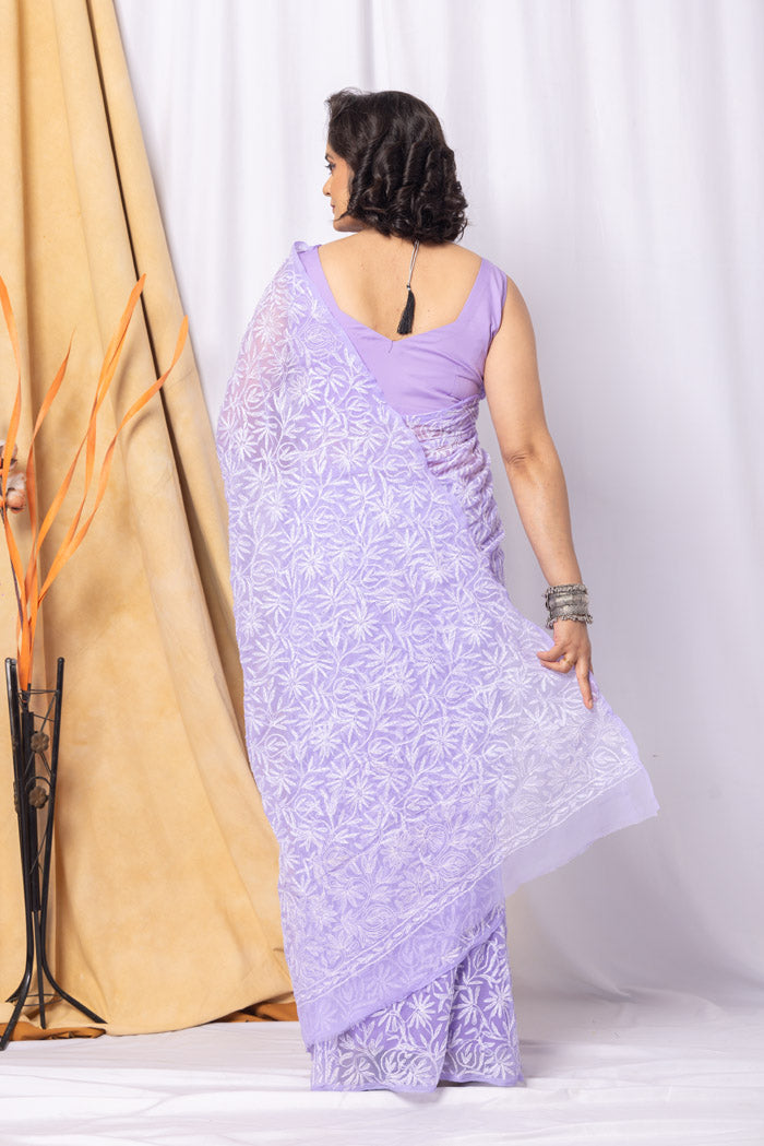 Lavender Colour Georgette Tepchi Chikankari Saree With Blouse