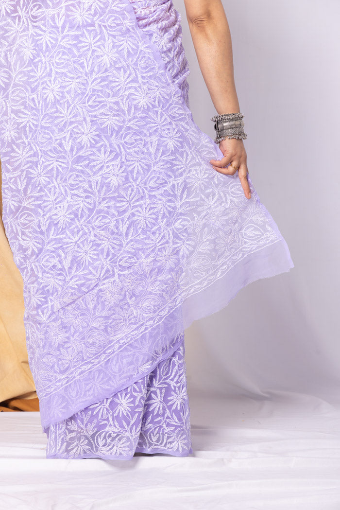 Lavender Colour Georgette Tepchi Chikankari Saree With Blouse