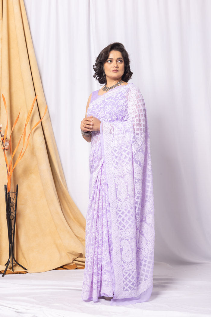 Lavender Colour Georgette Allover Chikankari Saree With Blouse