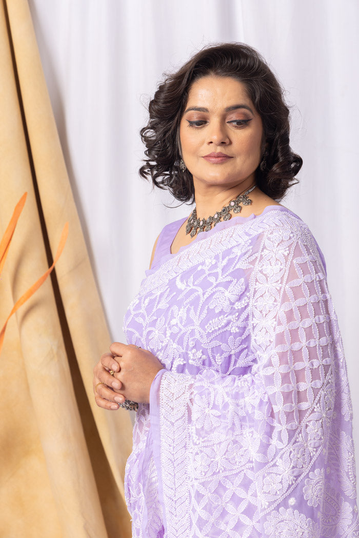 Lavender Colour Georgette Allover Chikankari Saree With Blouse