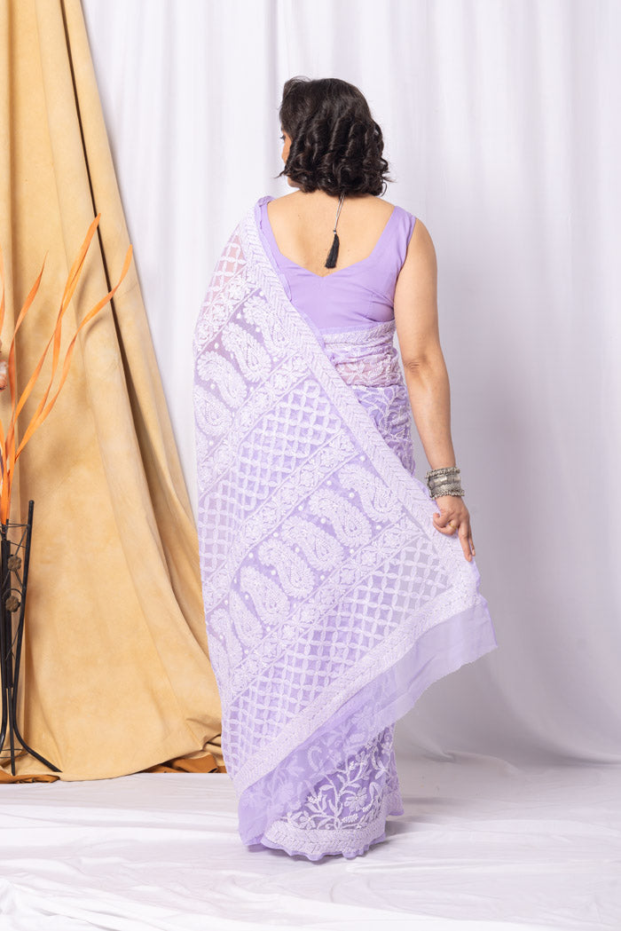 Lavender Colour Georgette Allover Chikankari Saree With Blouse