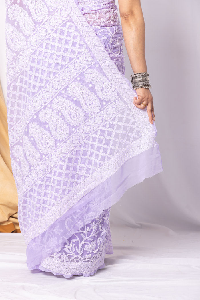 Lavender Colour Georgette Allover Chikankari Saree With Blouse