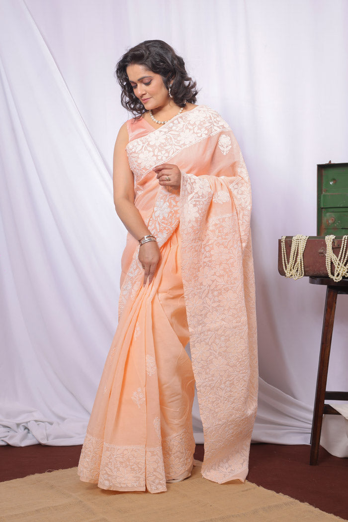 Fabnuma Handcrafted Peach Cotton Chikankari Saree-Blouse