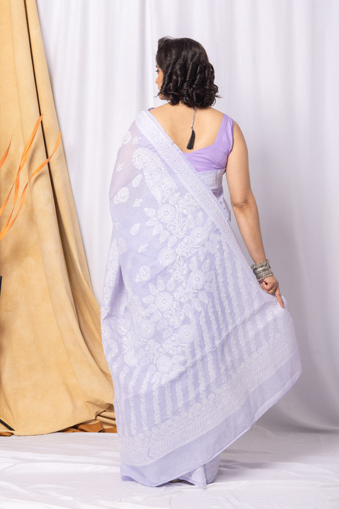 Lavender Colour Cotton Chikankari Saree With Blouse