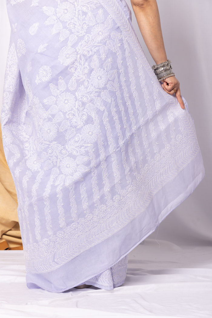 Lavender Colour Cotton Chikankari Saree With Blouse