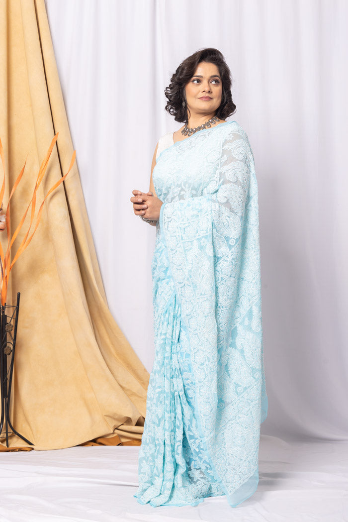 Sky Blue Colour Georgette Allover Chikankari Saree With Blouse