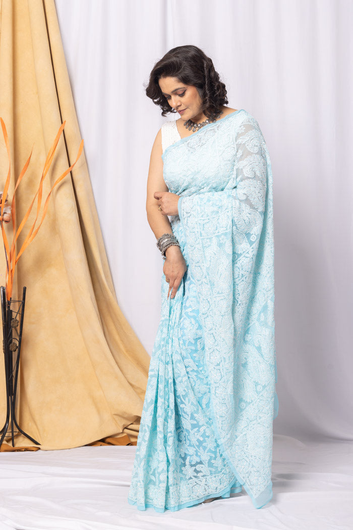 Sky Blue Colour Georgette Allover Chikankari Saree With Blouse