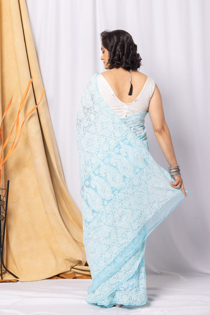 Sky Blue Colour Georgette Allover Chikankari Saree With Blouse