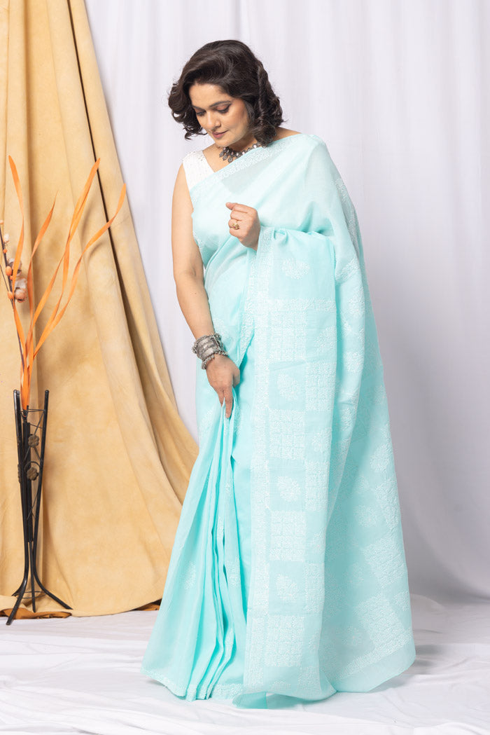 Sea Green Colour Cotton Chikankari Saree With Blouse