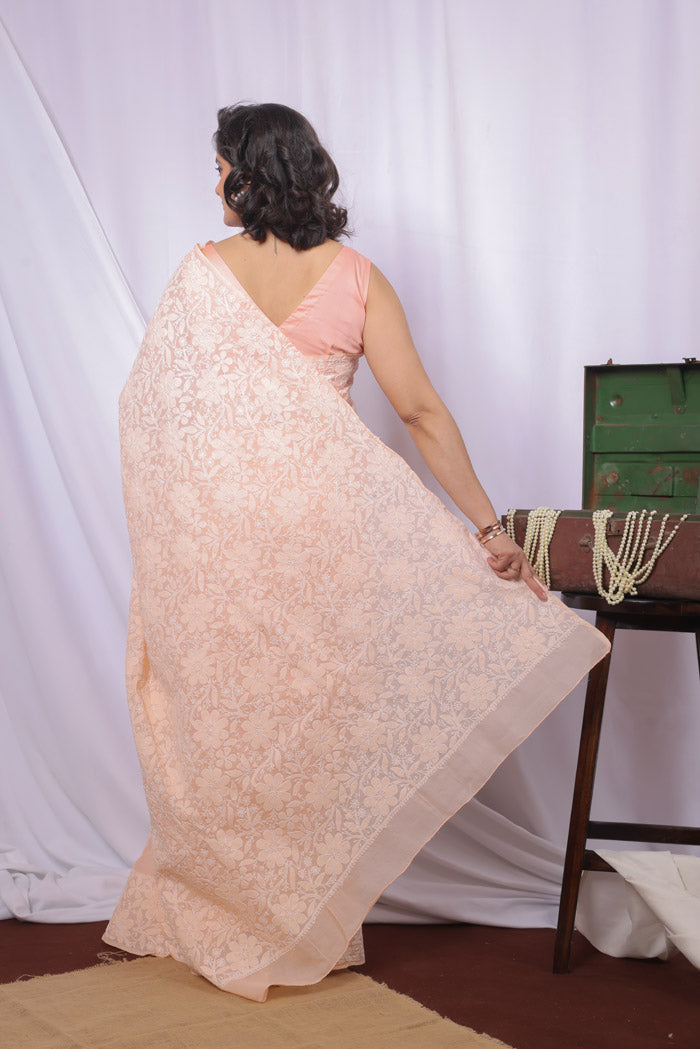 Fabnuma Handcrafted Peach Cotton Chikankari Saree-Blouse