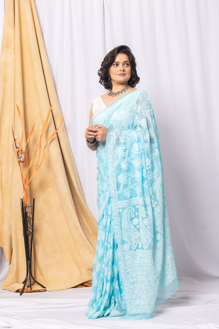 Sky Blue Colour Georgette  Lucknowi Chikankari Saree With Blouse