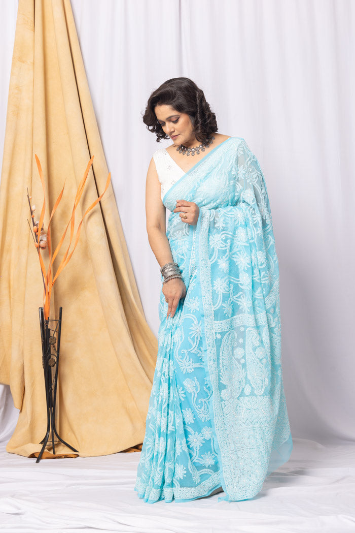 Sky Blue Colour Georgette  Lucknowi Chikankari Saree With Blouse